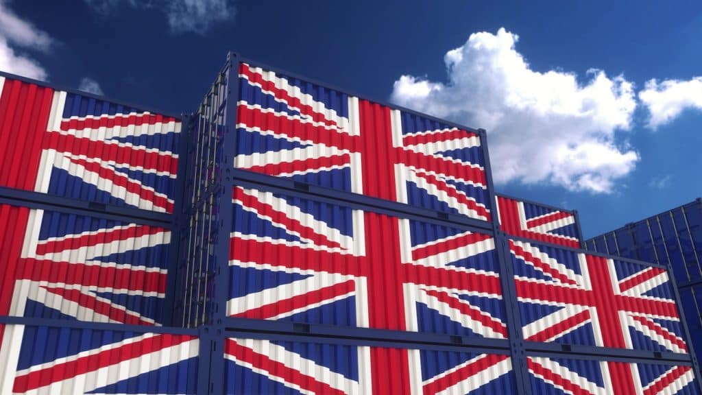 Image of shipping containers that have the british flag on them
