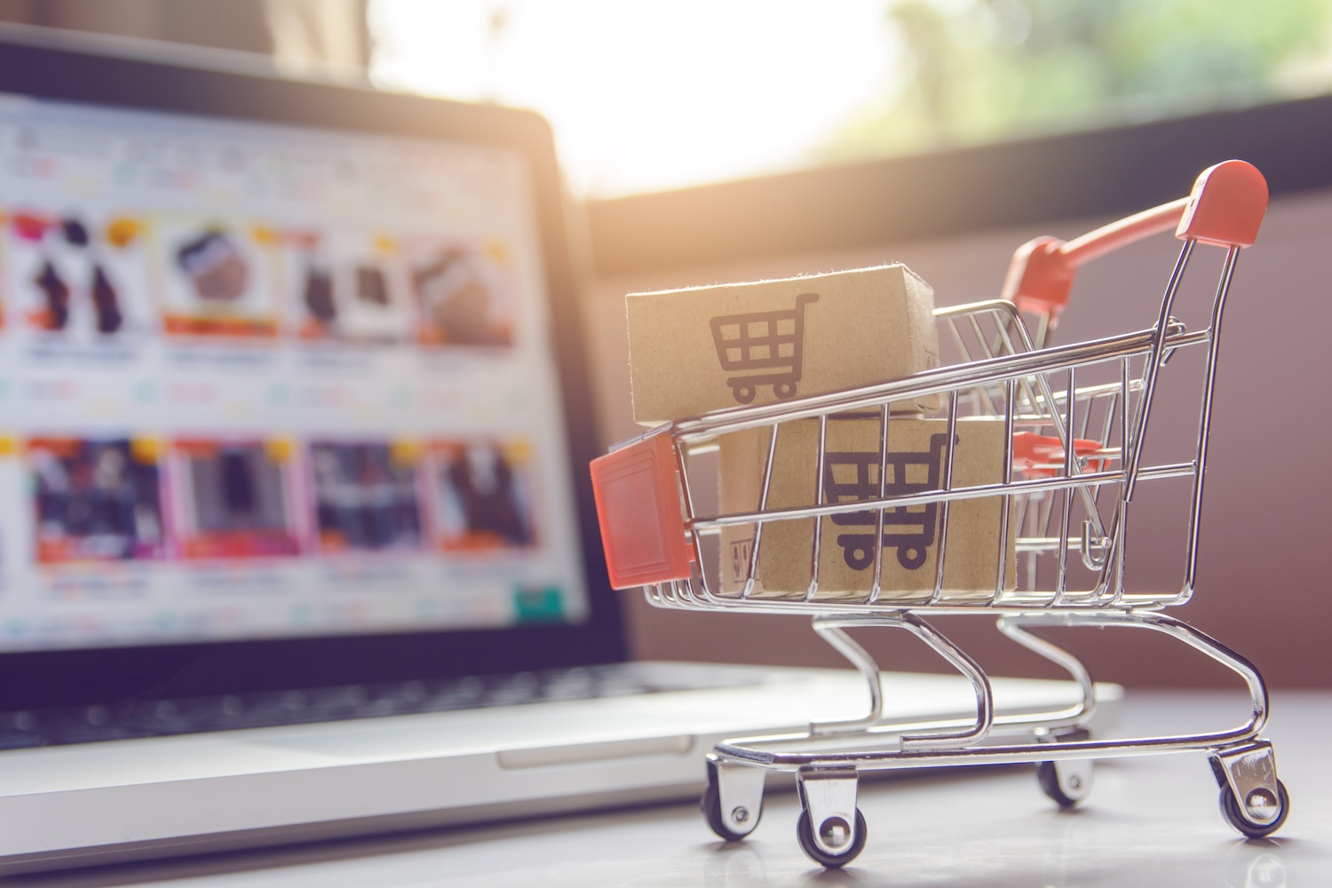 A mini shopping trolley with boxes inside in front of an ecommerce store on a laptop screen. This is to represent B2B and B2C eCommerce.