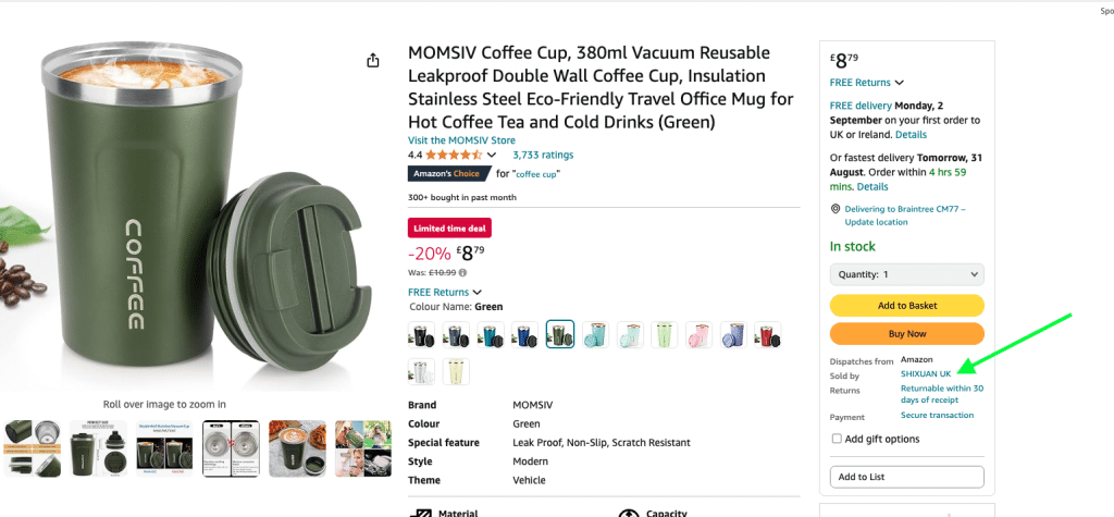 Amazon FBA vs. FBM Comparison Guide: Which is Best For Your Business? A screenshot of an Amazon product. On the right is the Buy Box and an arrow points to the seller who is currently winning this box.