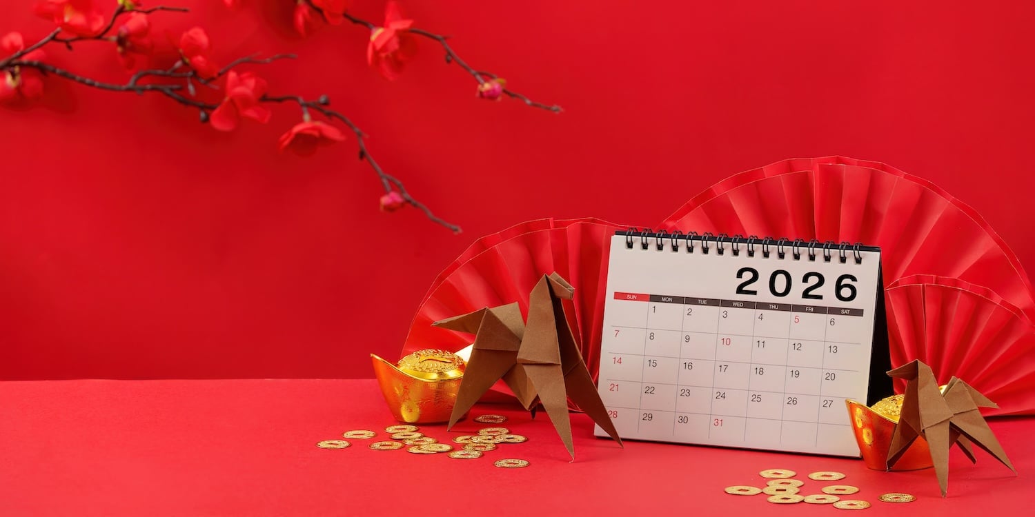 A red background, a calendar showing 2026 and origami horses to represent ‘The Chinese New Year Shutdown 2026: UK eCommerce Planning Made Simple’