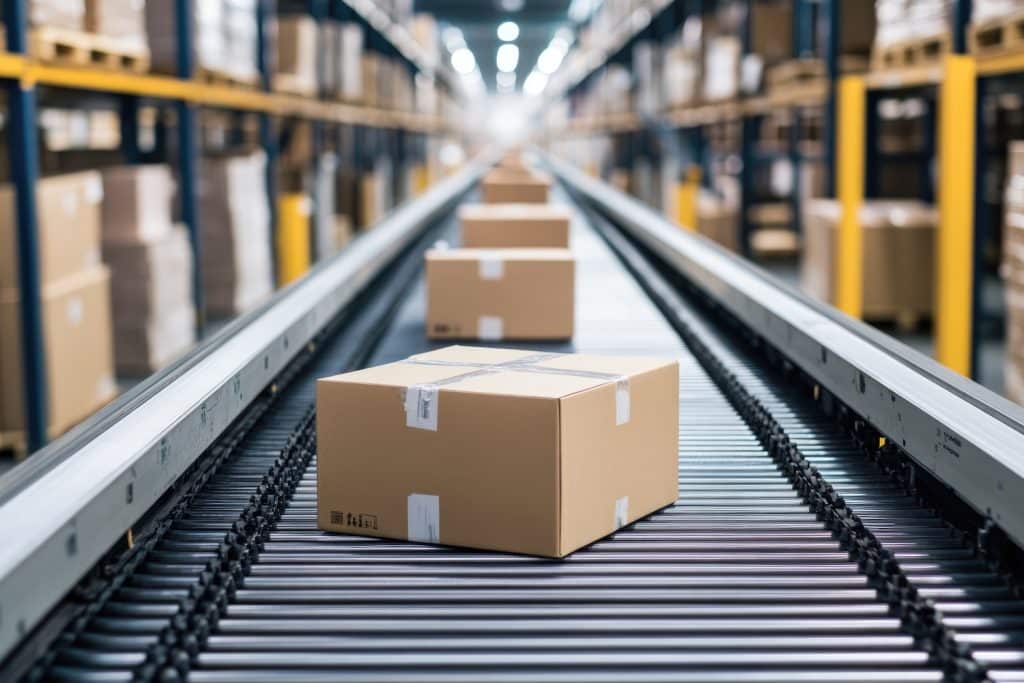 Cardboard boxes on a conveyor belt in a warehouse as part of outsourcing Amazon fulfilment